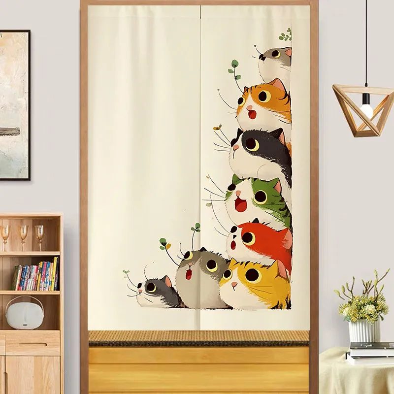 VIKAMA Stacked Colorful Cats Noren Door Curtain Cartoon Animal Print Hanging Curtain Bedroom Door Privacy Partition Home Decor