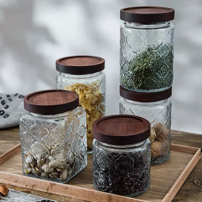 Vintage Embossed Glass Storage Jar with Wooden Lid Retro Clover Pattern Airtight Glass Canister Kitchen Food Container for