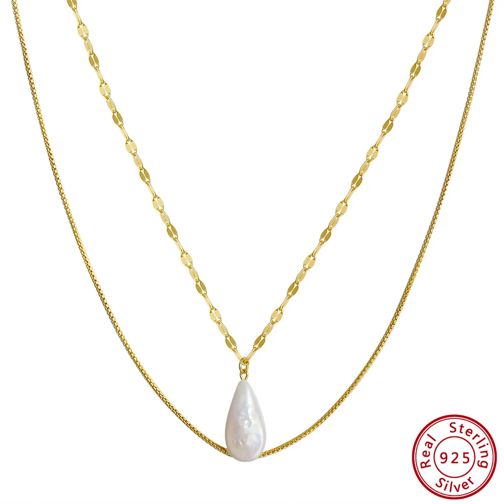 

KISS MANDY 925 Silver Layered Real Natural Pearl Long Necklace Y-shape Pearl Pendant Neck Chain Exquisite Summer Jewelry GPN15