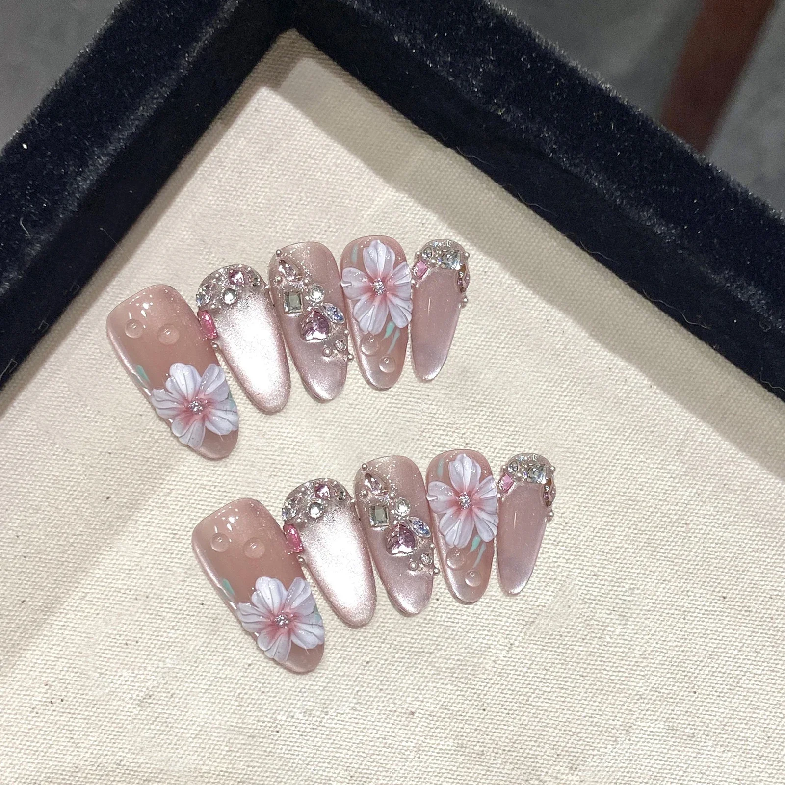 10Pcs Handmade Press on Nails Full Cover Glitter 3D Flower Rhinestone Design French False Nails Wearable Manicure Tips Art