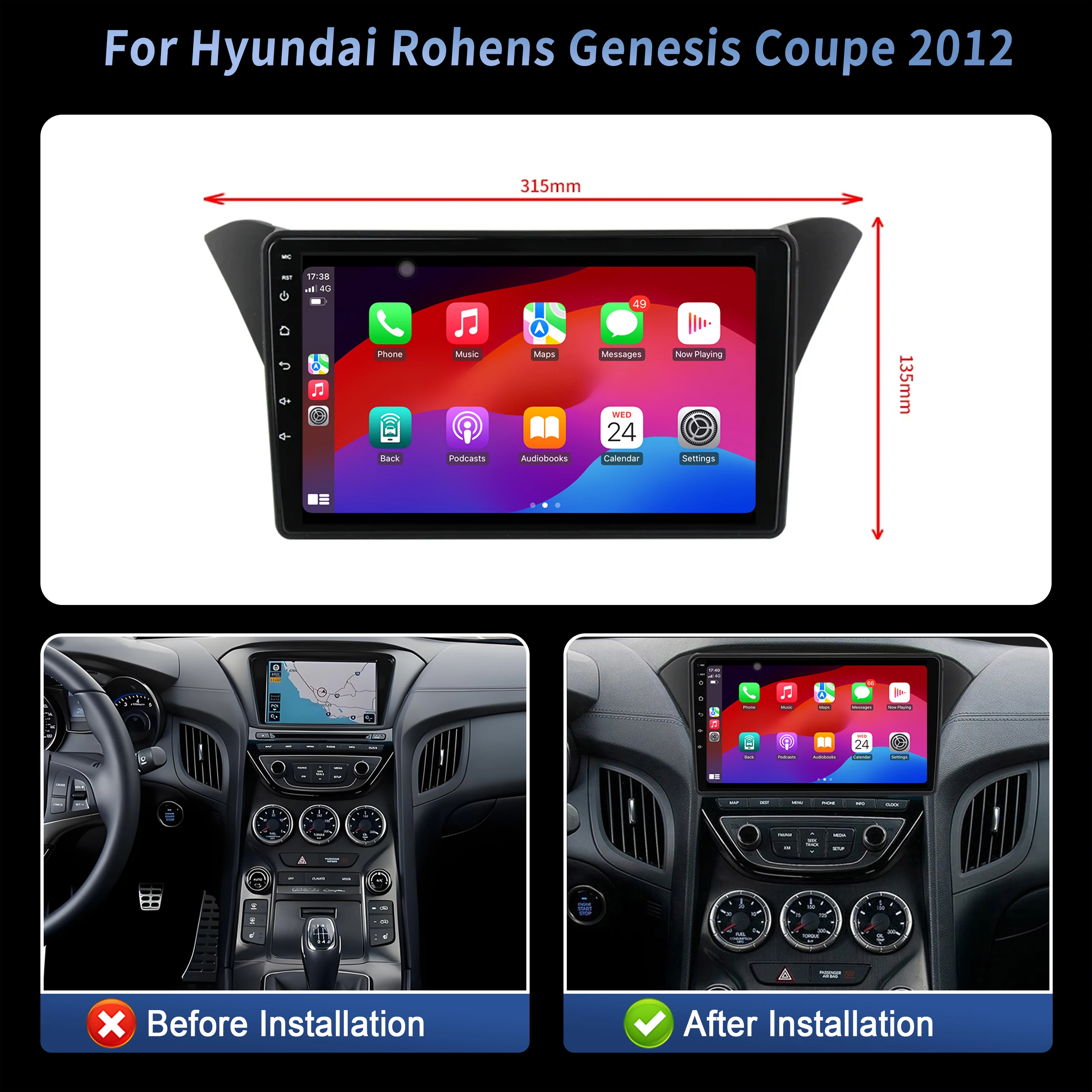 لشركة هيونداي روهينز جينيسيس كوبيه 2009-2012 راديو السيارة الوسائط المتعددة الملاحة لتحديد المواقع اللاسلكية CarPlay 4G رئيس وحدة ستيريو شاشة تعمل باللمس