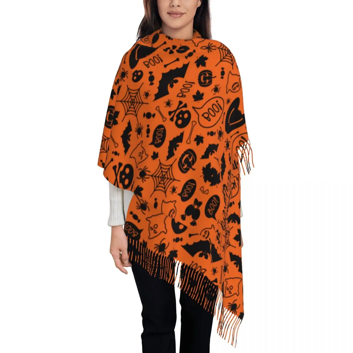 Women's Tassel Scarf Halloween Cartoon Long Winter Fall Shawl and Wrap Pumpkin Skull Ghost Daily Wear Cashmere Scarf