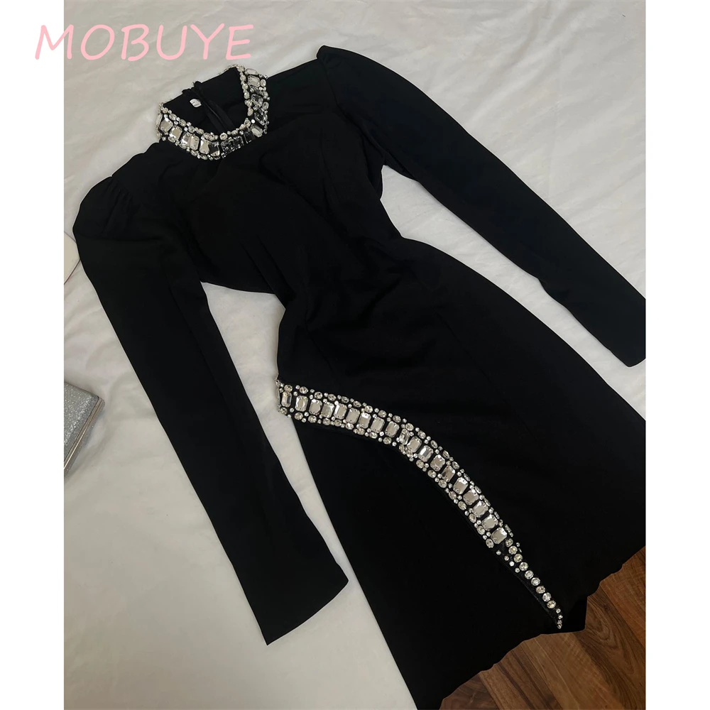 MOBUYE 2024 Popular O Neckline Prom Dress  Tea -Length A-Line Evening Fashion Elegant Party Dress For Women