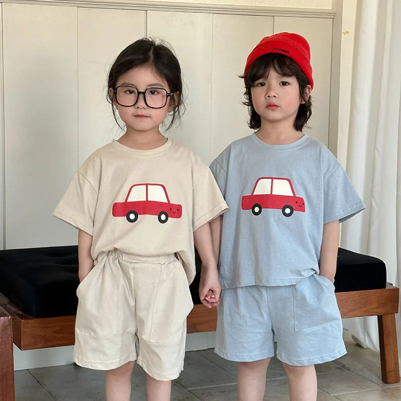 Milancel novo verão crianças roupas terno crianças bonito dos desenhos animados carro camiseta + shorts meninos estilo fino roupa 2 pçs