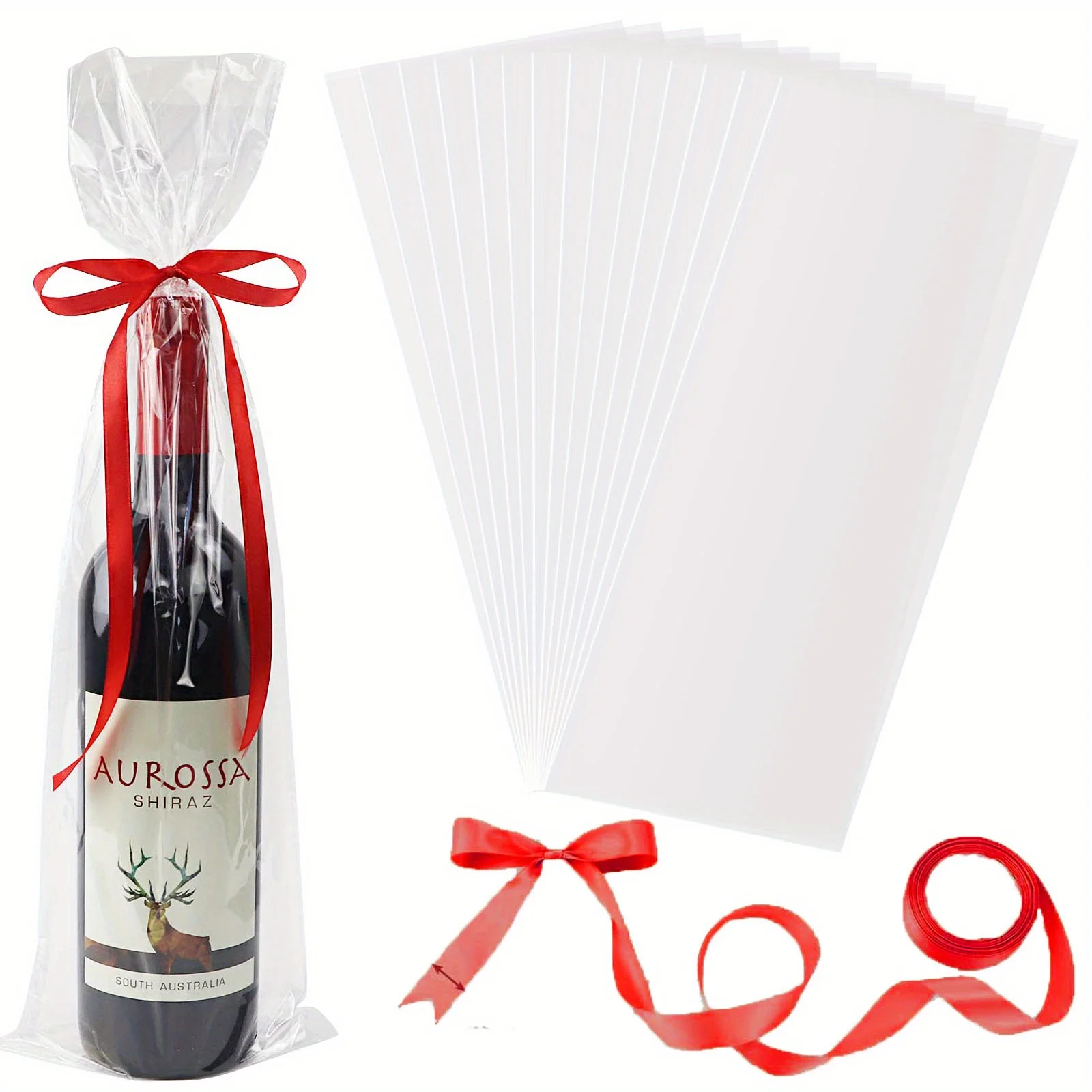 Grands sacs en Cellophane transparent 6x18 pouces, 100 pièces, avec ruban rouge, sacs cadeaux en PP robustes pour bouteilles de vin, cadeaux de fête