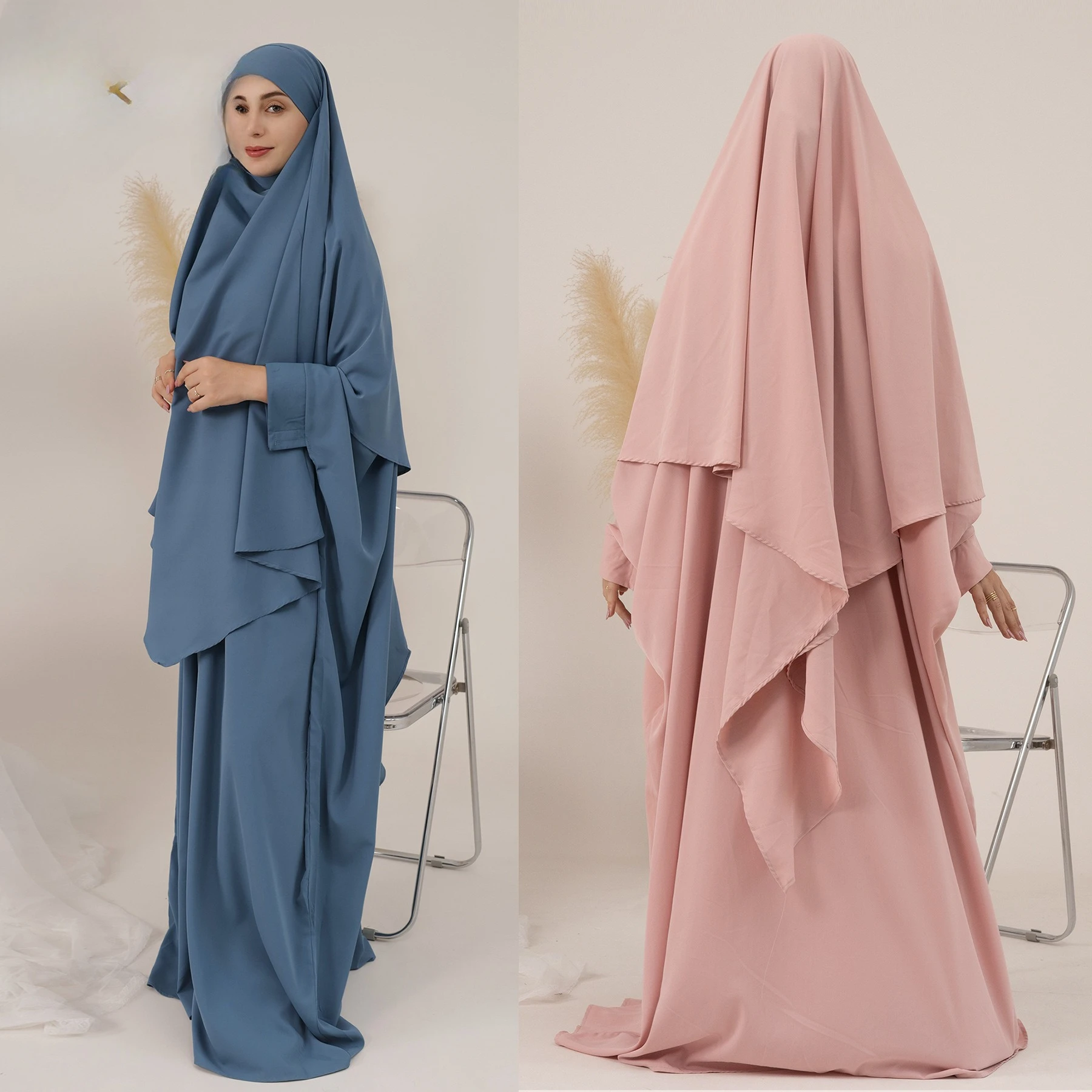 

Muslim Modest Prayer Sets Abaya Dress Robe Solid Color Nida Bat Sleeves Jilbab Abaya Muslim Dress Abaya and Khimar Suit Set