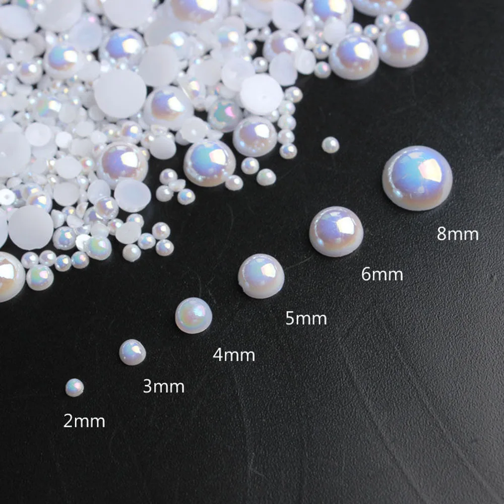 1000pcs/Bag White Gold Silver Pearls Half Round Pearl Nail Charm 3D Caviar Beads Manicure Supplies Flatback Pearl Mix Size Decor