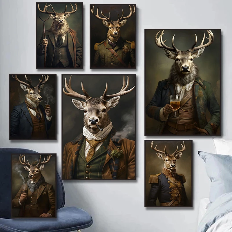 Victorian Renaissance Vintage Highland Stag with Whiskey Smoking Poster Print Deer Canvas Painting Wall Art Home Decor Cuadros