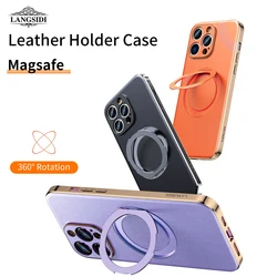 for Magsafe Phone Case Leather Magnetic Holder for iPhone 16 Plus 13 Pro Ring Plating Lens Protection Back Cover