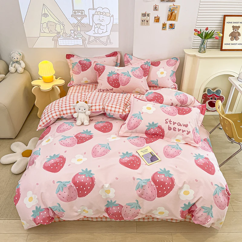 

Cute Strawberry Cotton Duvet Cover 3Pcs Watercolor Fruits Floral Comforter Covers Kawaii Bedding Set Reversible Design for Kids