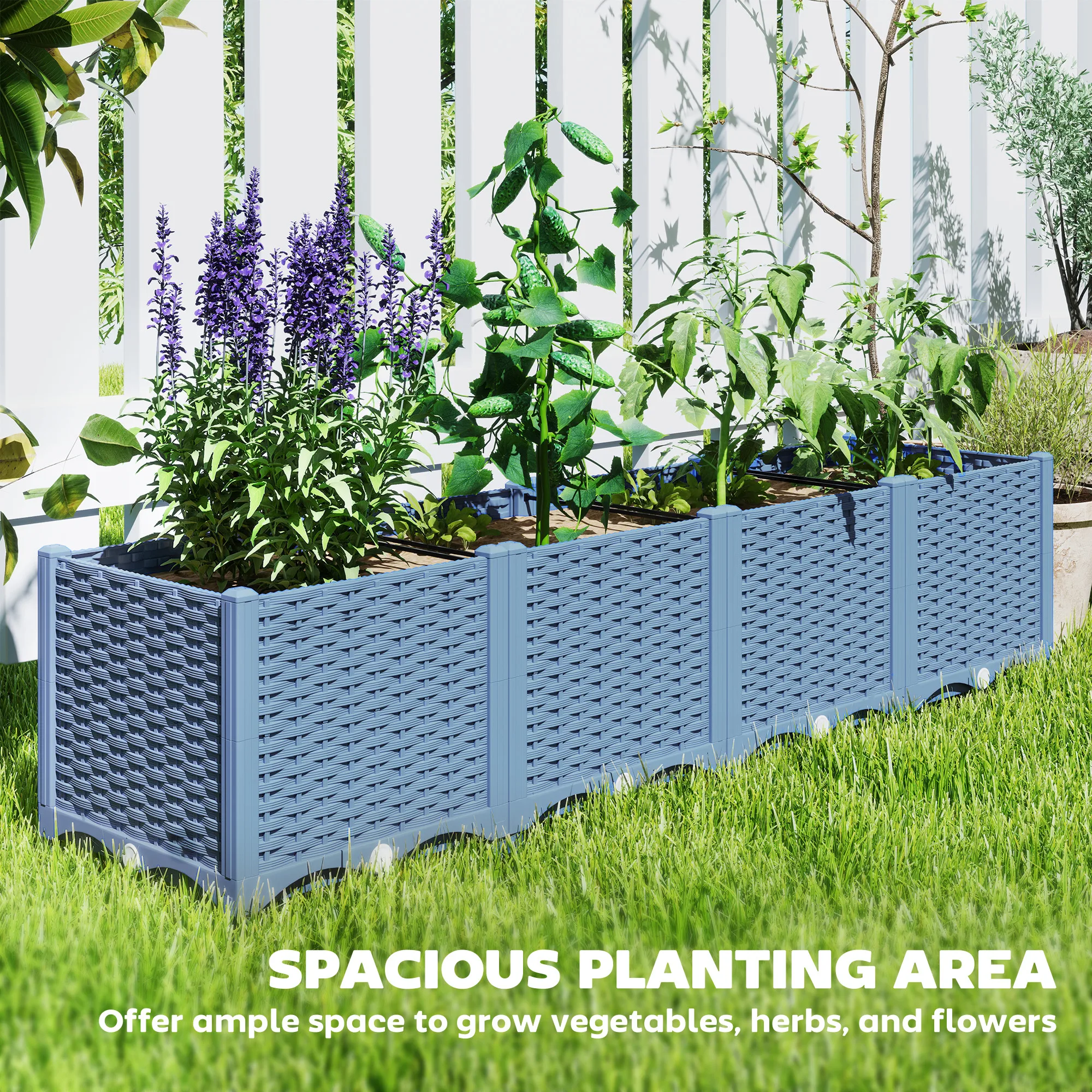

Self Watering Plastic Raised Garden Bed 5x1x1 Ft Outdoor Planter Box with Drainage Holes & Plugs for Vegetables Herbs Blue