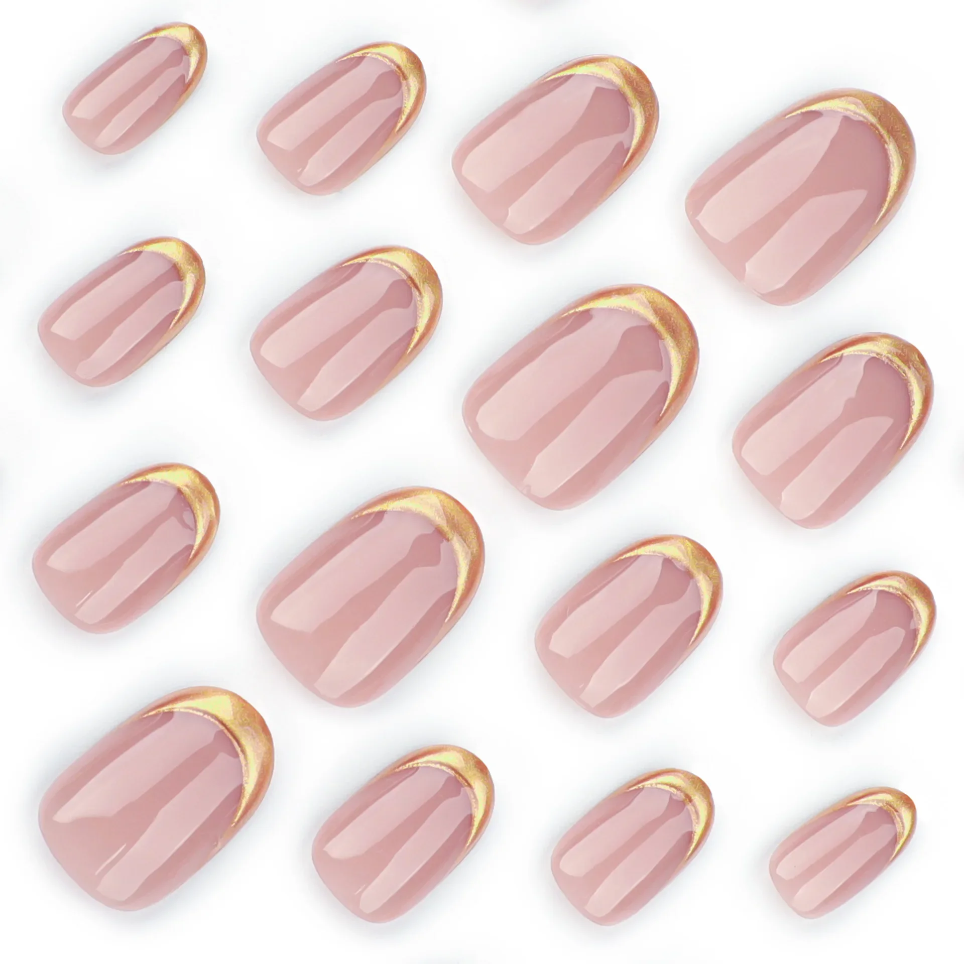 Polvo de brillo dorado Sexy, arte de uñas rosa lateral francés, uñas postizas rosas desnudas, uñas postizas terminadas desmontables, uñas postizas encantadoras