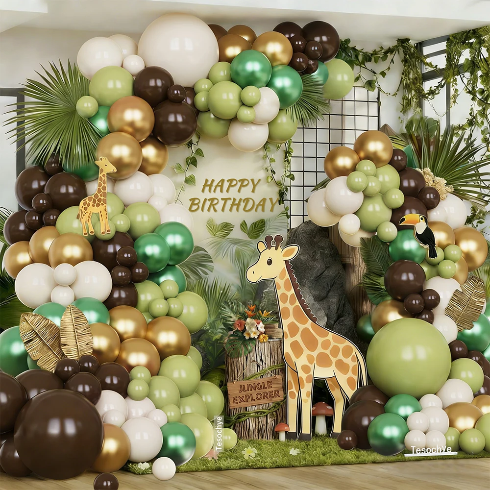 

110pcs Avocado Green Brown Balloons Garland Kit Olive Green Gold Safari Jungle Balloon Arch Wild Birthday Dinosaur Party Decor