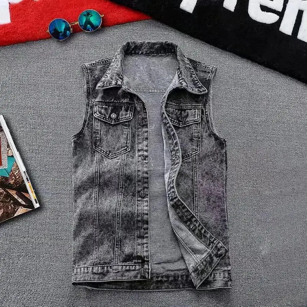 Men Denim Waistcoat Men's Denim Waistcoat with Lapel Ripped Holes Single Breasted Vest Coat with Flap Pockets High Street