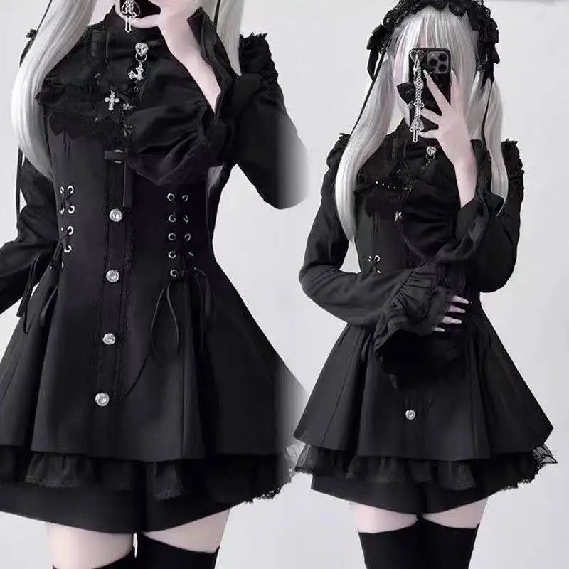 Women Gothic Lace Flare Sleeve Button Shirt Dress Japanese Punk Party Mini Dress Y2k Aesthetic Lolita Style Bow Dress Shorts Set