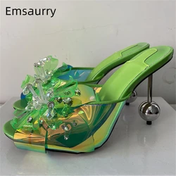 Beads Diamond Laser Sequins Flower Sandals Women Iridescent PVC Slingbacks Spherical Strange Heel Summer Mules