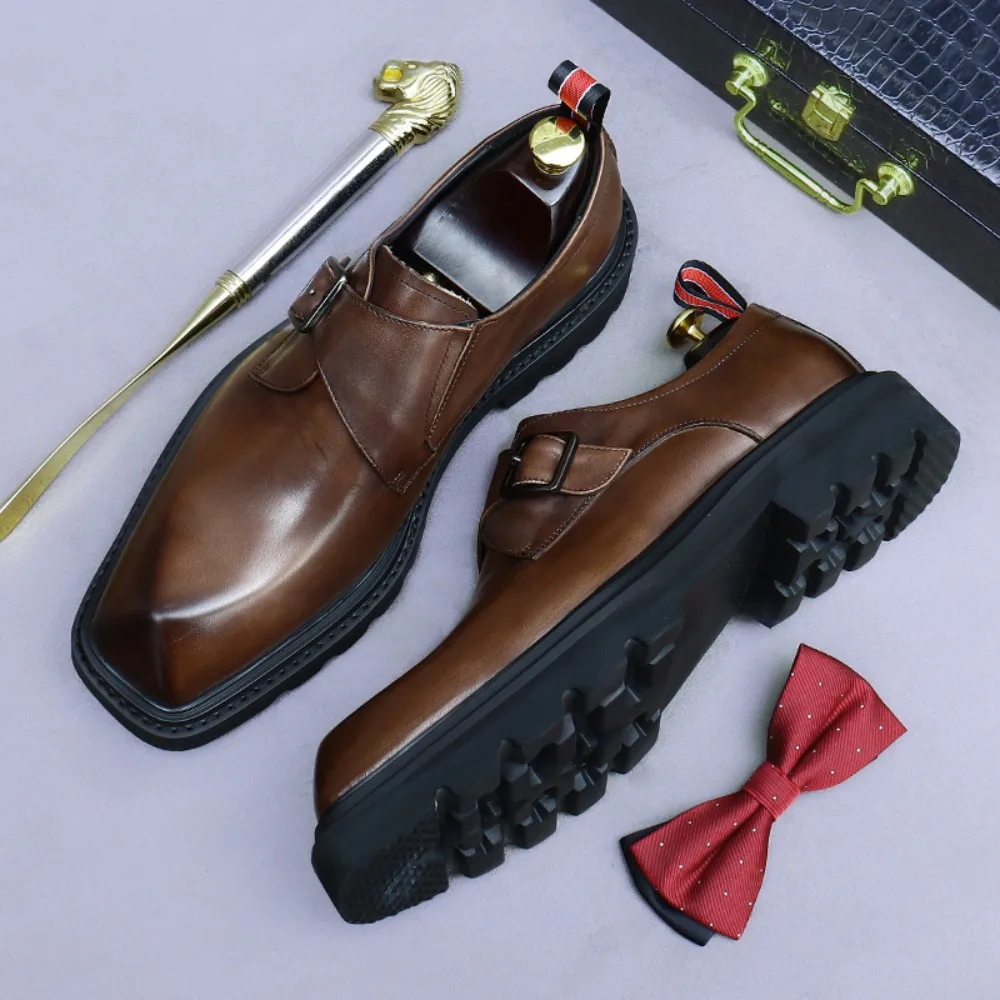 

Mens Business Dress Shoes Genuine Leather Buckle Oxford Height Increasing Shoes Lightweight Thick Sole Fashionable Footwear