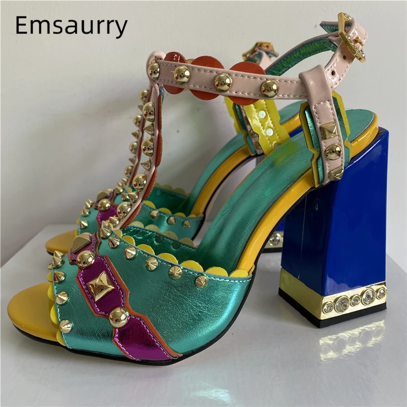 

Mixed Color Genuine Leather High Heels Women Jeweled Square Heel Rivet T-strap Patchwork Rhinestone Summer Sandals Women