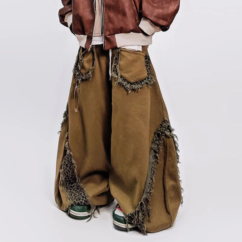HKSH Autumn New Men Tide Chic Ins Hip-Hop Trend Leopard Print Patchwork Wide-Leg Pants High Street Straight Floor-Length HK25429