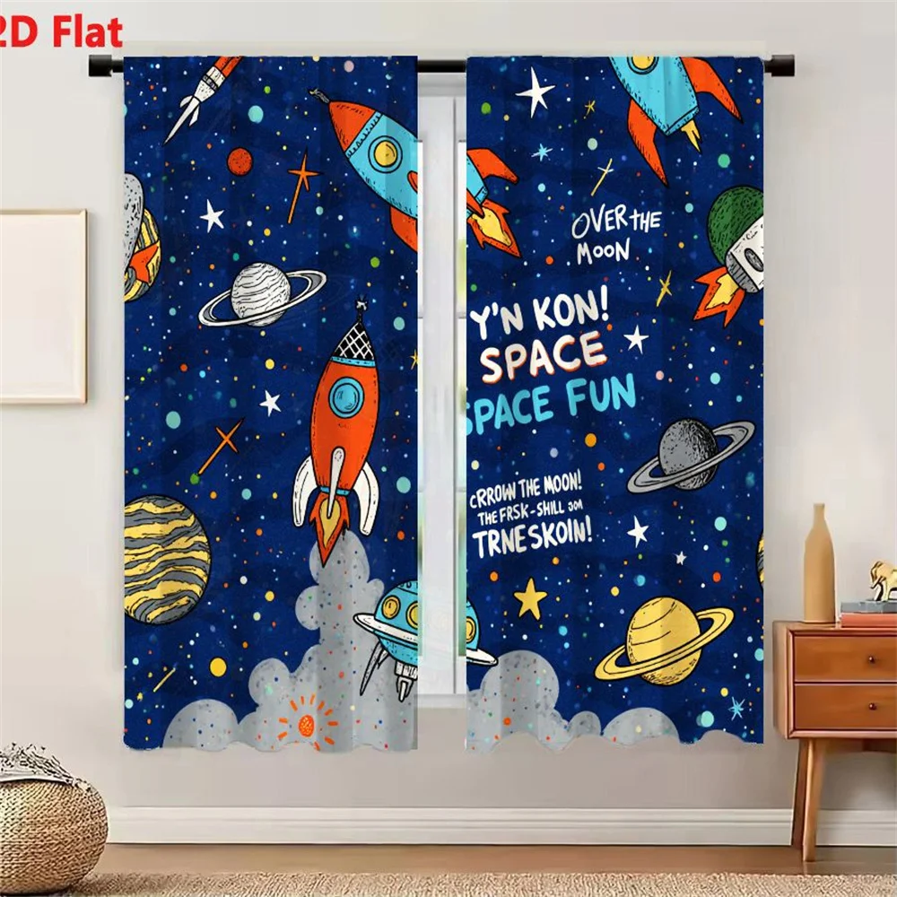 2Pcs Curtains 2D Flat Colorful Whimsical Space-Themed Illustration With Cartoon Rockets Planets Stars Sun And Playful Text Eleme