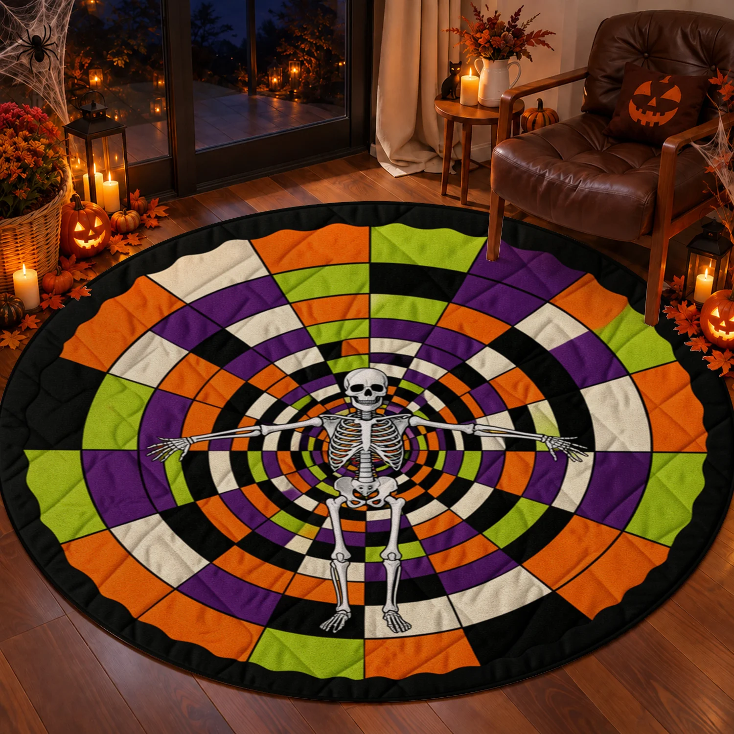 Skeleton Pattern Round Velvet Mat Machine Washable for Living Room Dining Room Bedroom Halloween Thanksgiving Christmas Black Friday Cyber Monday New Year Decor