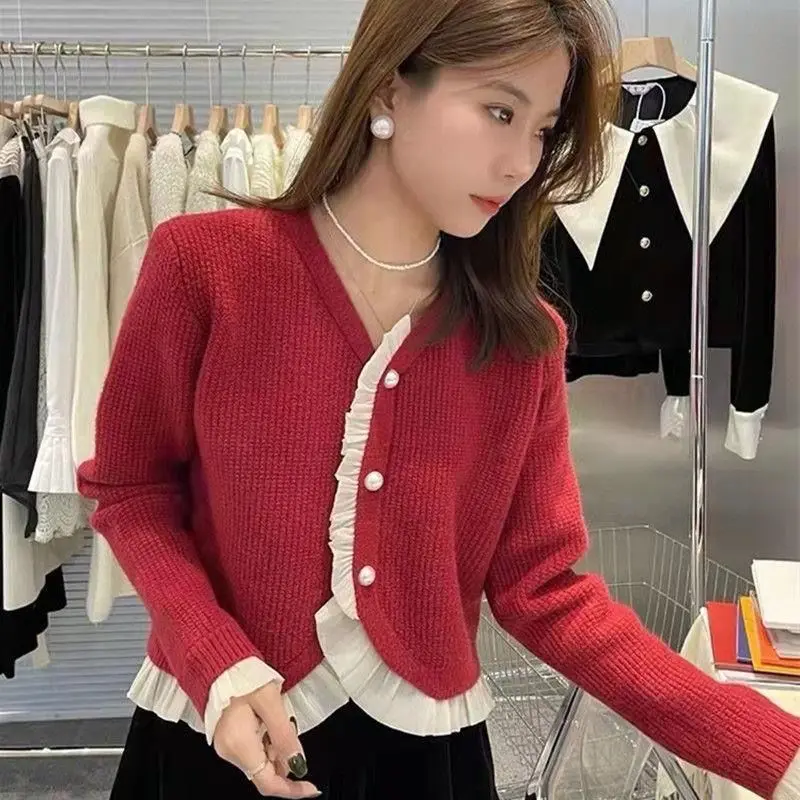 Cardigans sweater 2023 Early Spring French retro V -neck ruffled knit sweater solid casual Gentle jacket niche design sweater