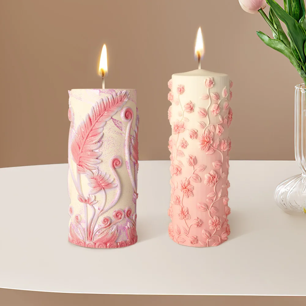 Mould 3D Embossed Pattern Cylindrical Aromatherapy Candle Mold Handmade DIY Plaster Diffuser Stone Display Stand Silicone Molds