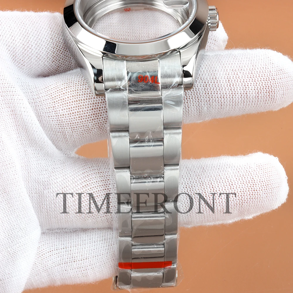 Caja de reloj negra/plateada de 36mm y 39mm, correa de ostra polaca con esfera de onda de agua de 28,5mm, manecillas luminosas verdes compatibles con movimiento NH35 NH36