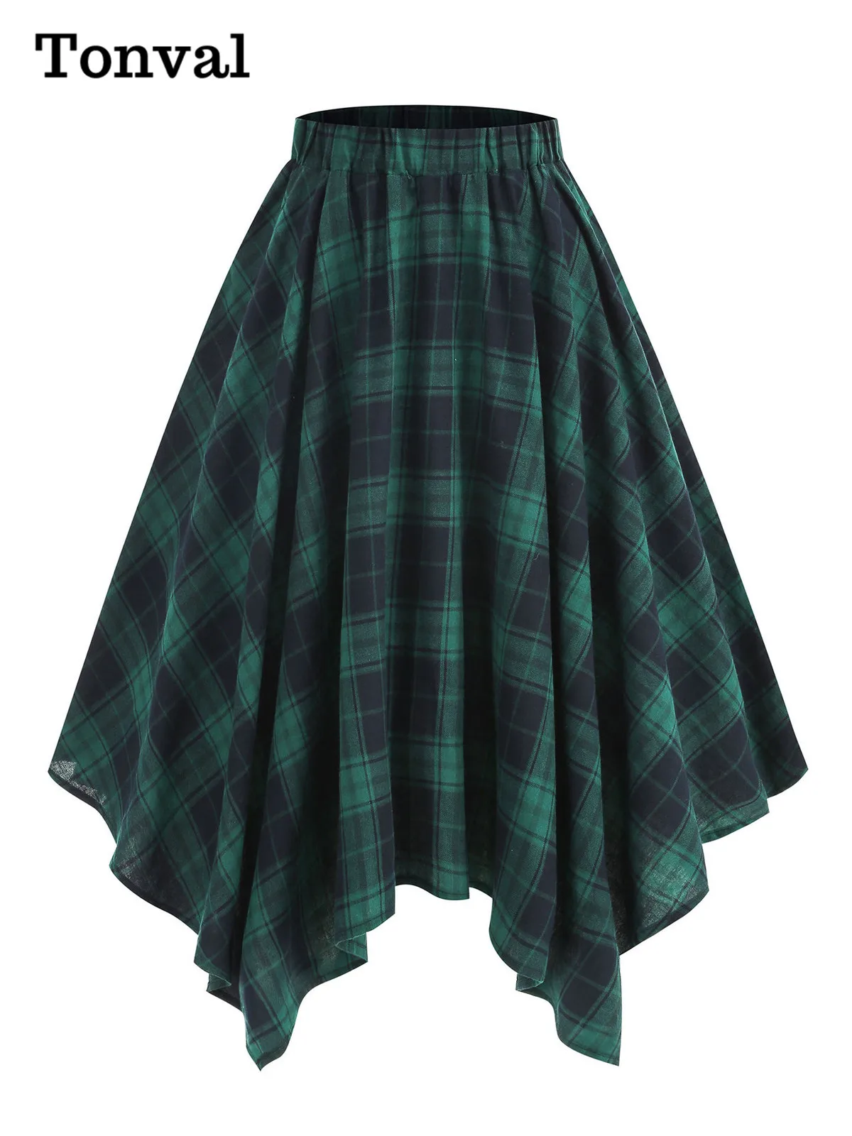 Tonval Tartan Vintage Dames Asymmetrische Zoom Midi Rokken Elastische Taille Elegante Kerstfeest Geruite Rok