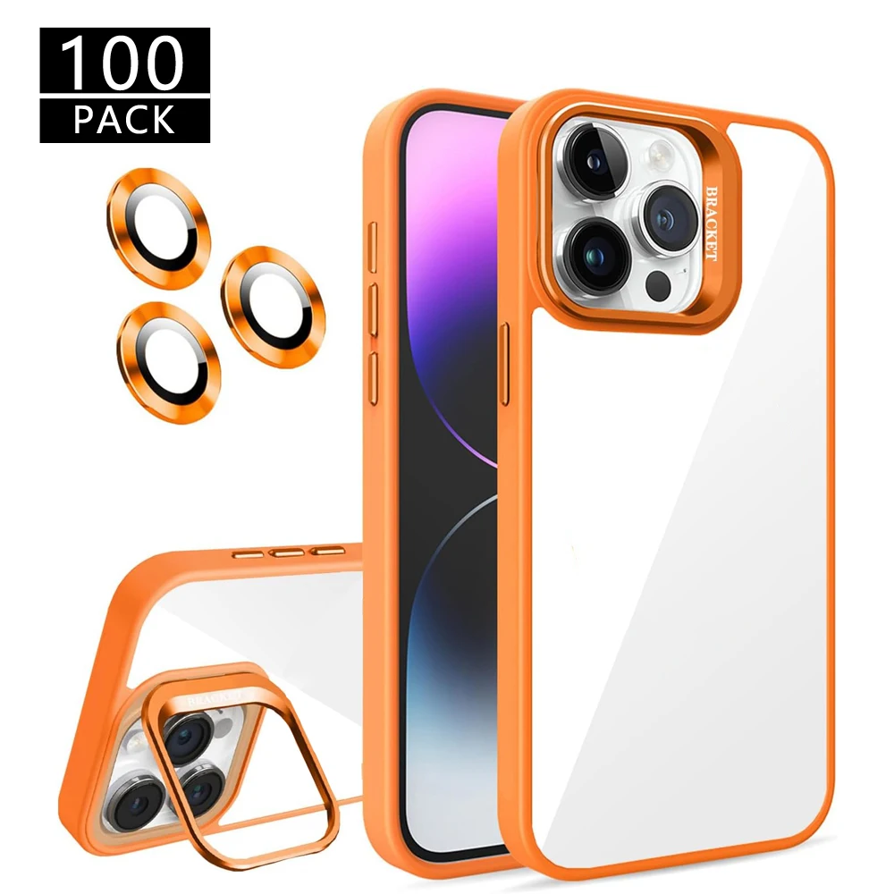 100pcs wholesale metal lens holder phone case for iphone 15 pro max tpu+pc acrylic shockproof clear free lens film phone cover