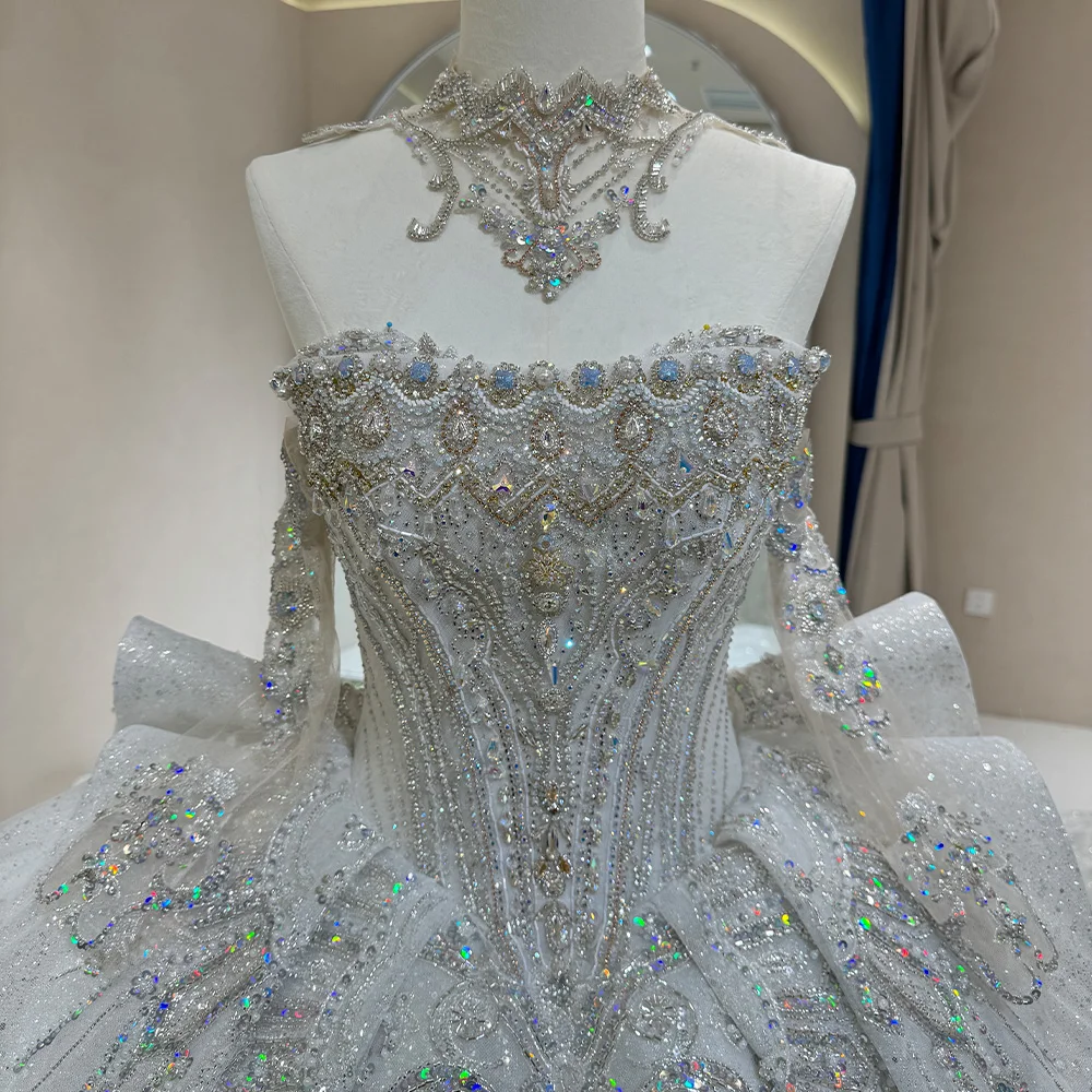 Vestidos De Novia con cuentas De cristal para mujer, exquisitos Vestidos De Novia con lentejuelas y cuello barco, cola De corte, Vestidos De Fiesta formales De Novia