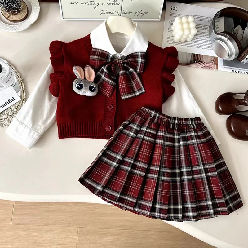 New Fall 2025 Girl Rabbit Officer JK Set Little Girl Preppy Knit Three-piece Set 90-140cm