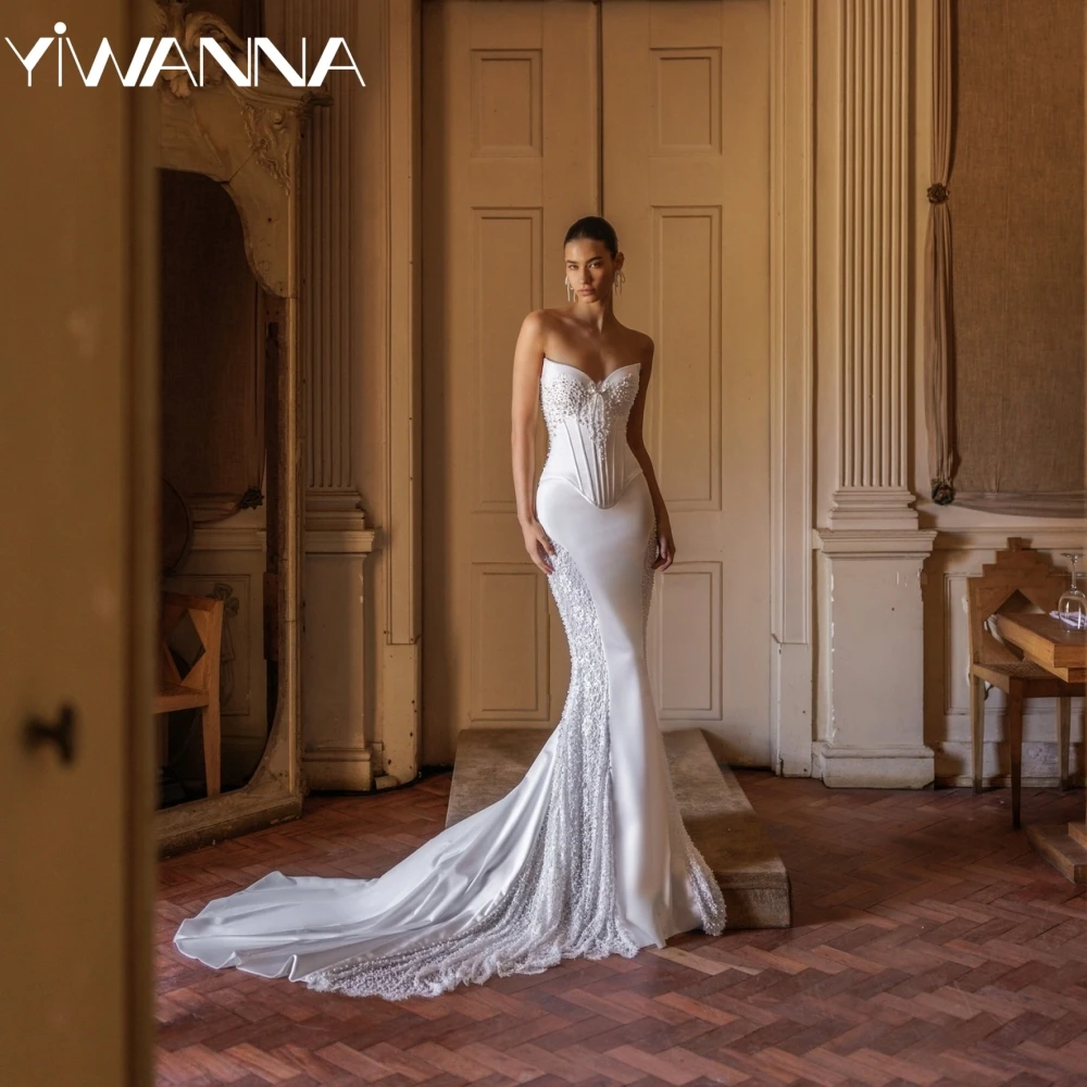 

Sparkling Pearls Mermaid Long Wedding Dress Romantic Sweetheart Neck Bridal Gown Customized Sexy Open Back Dresses For Bride