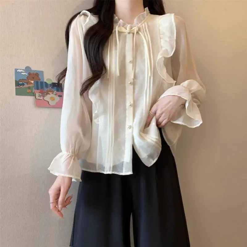 2024 New Summer Chinese Style High Waist Sweet Loose Women's Shirt Polyester Ruffled Flare Sleeve Solid Folds Button Chic Tops