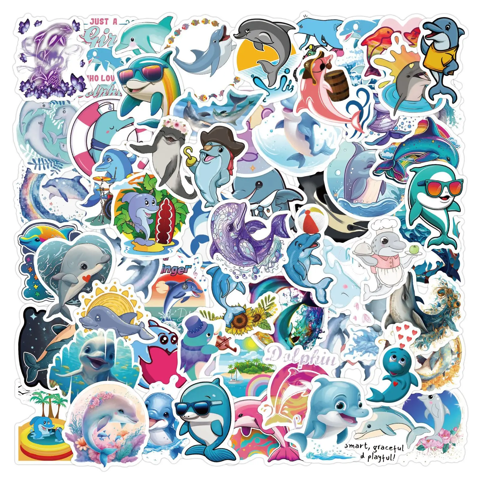 60Pcs Cute Ocean Dolphin Vacation Stickers Blue Wave Beach Waterproof Stickers for Luggage Laptop Water Bottle DIY Craft