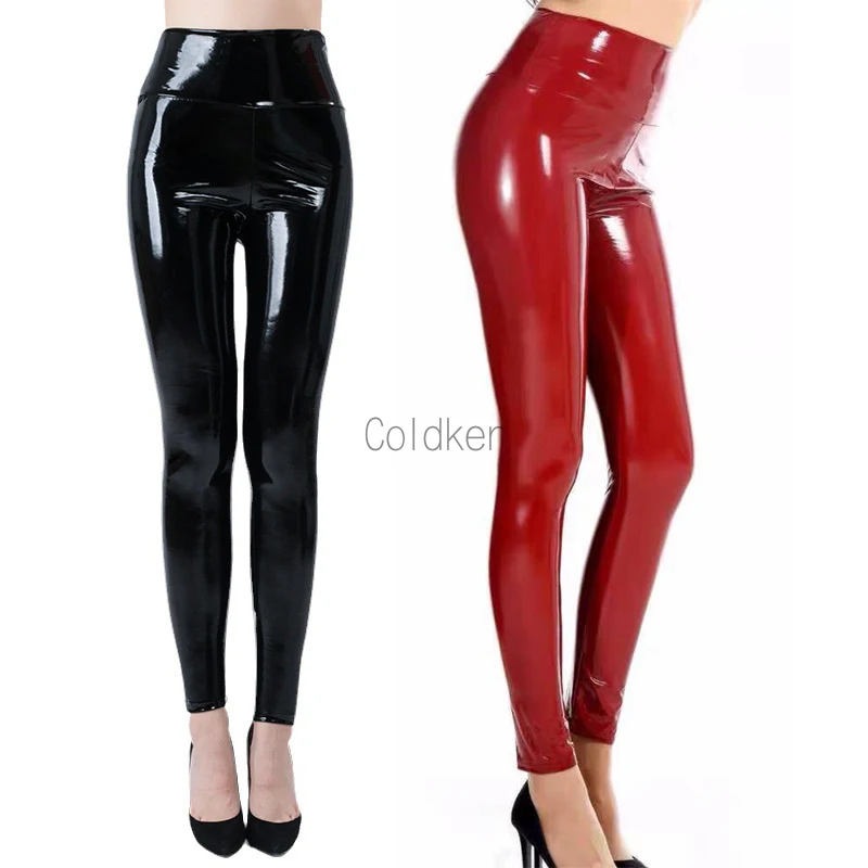 

Women Black Leggings Sexy High Waist Elastic Pu Leather Skinny Pants Shiny Wet Look Metallic Latex Leggings Plus Size XXXL