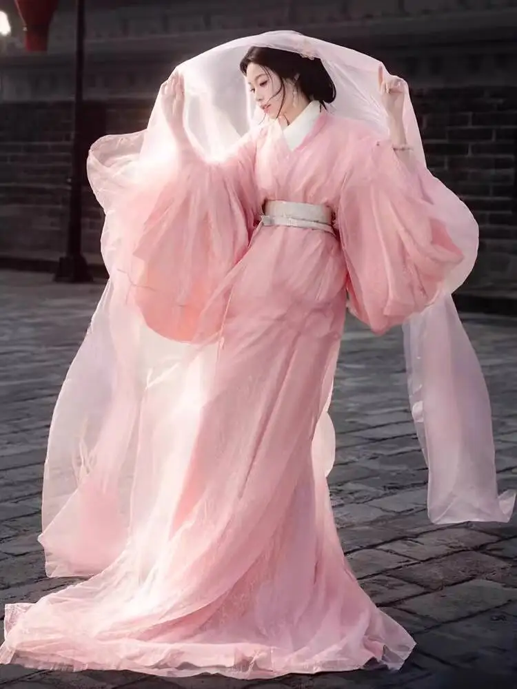 

New Fairy-like Flowing Adult Ancient Costume Hanfu For Women Pink Lace Warring States Robe With Train For Photoshoot Dress