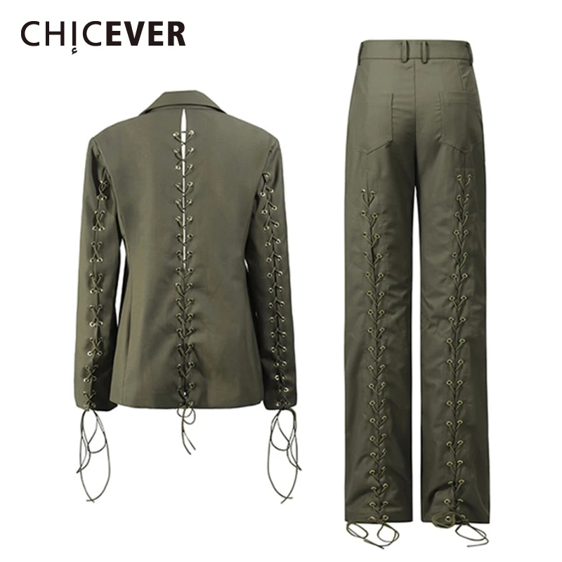 

CHICEVER однотонный комплект из двух предметов на шнуровке, женская куртка с лацканами и длинными рукавами, офисный женский комплект брюк, модный новый стиль
