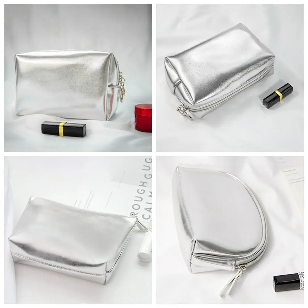 Silver Color PU Leather Silver Makeup Bag Rectangle Shell Shell Shape Cosmetic Bag Solid Color Korean Style