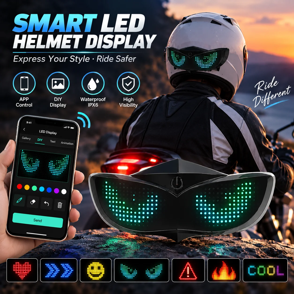 Smart LED Helmet Display Motorcycle Helmet Tail Light Waterproof Warning Rear Lamp RGB Screen Light for Bicycle Moto Accessories