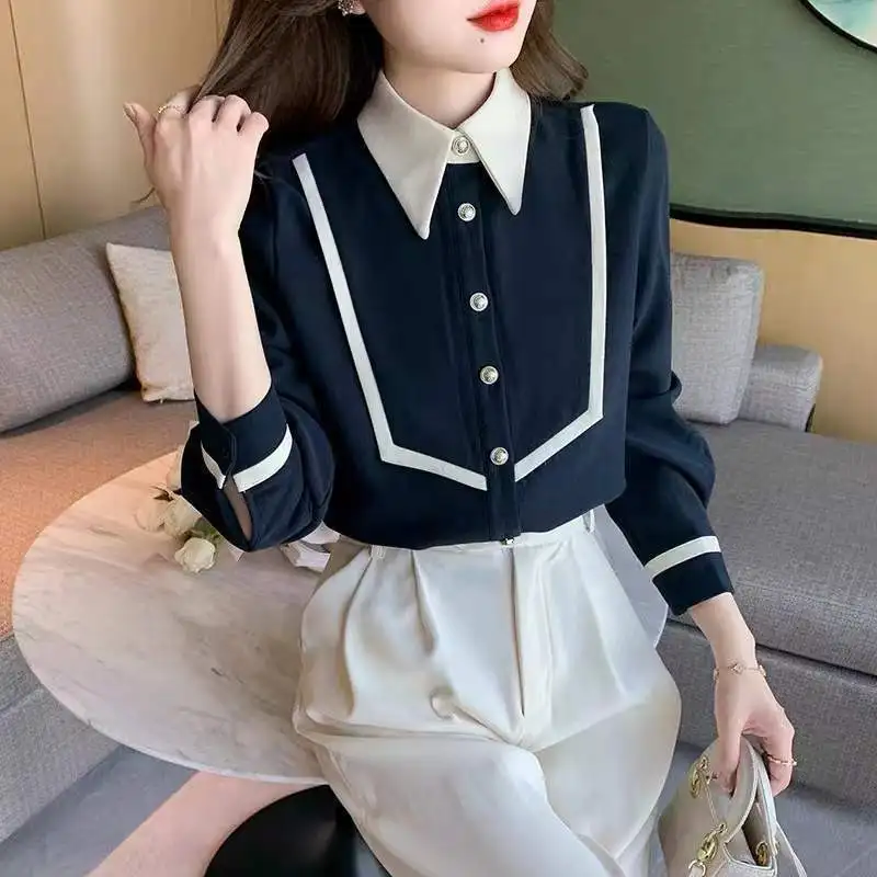 Elegant Lapel Button Spliced All-match Korean Shirt Women Clothing 2024 Autumn New Loose Casual Tops Fashion Office Lady Blouse