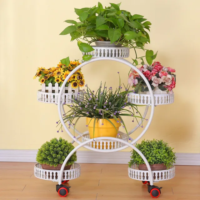 Six baskets Flower stand wrought iron multi-layer wheeled flower pot stand living room balcony floor type  built-in shelf