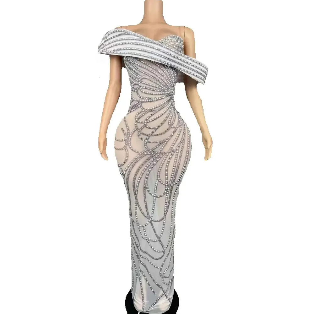 Sukienka wieczorowa z błyszczącymi perłami i cyrkoniami, damska, na urodziny, festiwal, występ, sesję zdjęciową, strój sceniczny.