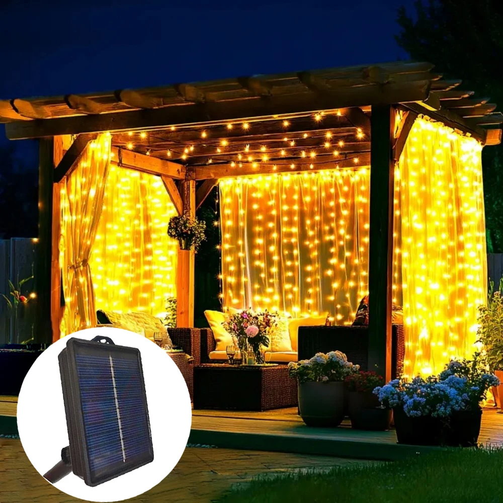 

8 Modes Wedding Valentine's Day Outdoor Fairy Solar Curtain String Lights LED Garland Room Decoration Garden Ramadan Decor 2026