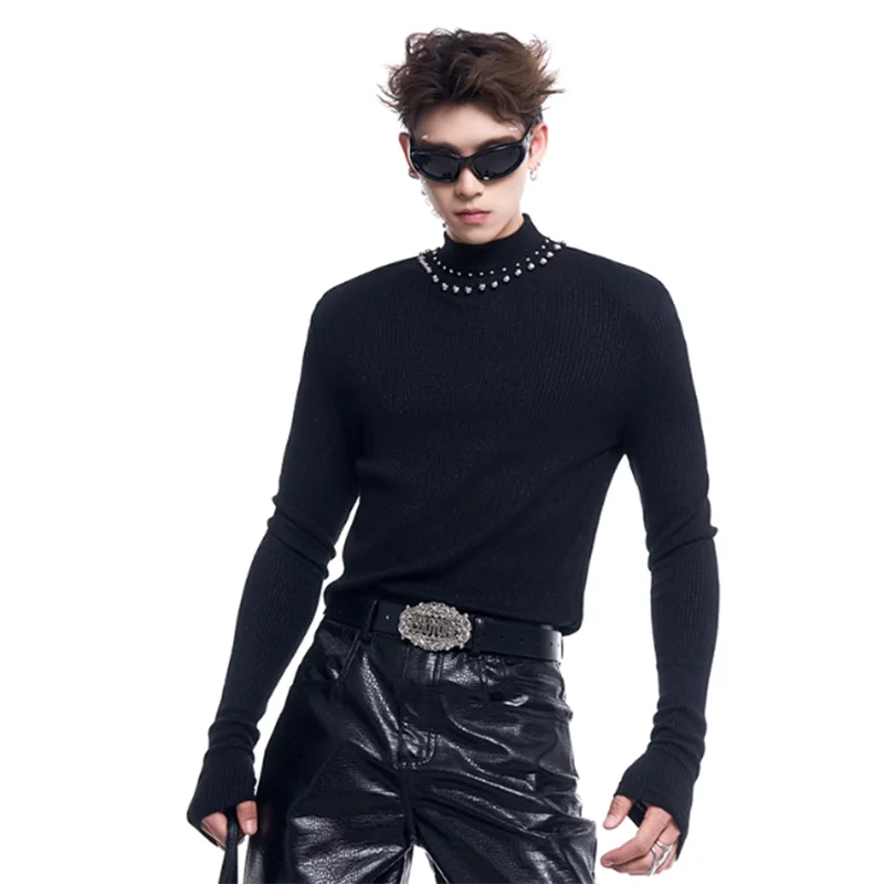 FEWQ Men\'s Sweater Stand Collar Nbeading Decoration Design Male Knitted 2024 New Fashion Long Sleeve Solid Color Tops 24E2405