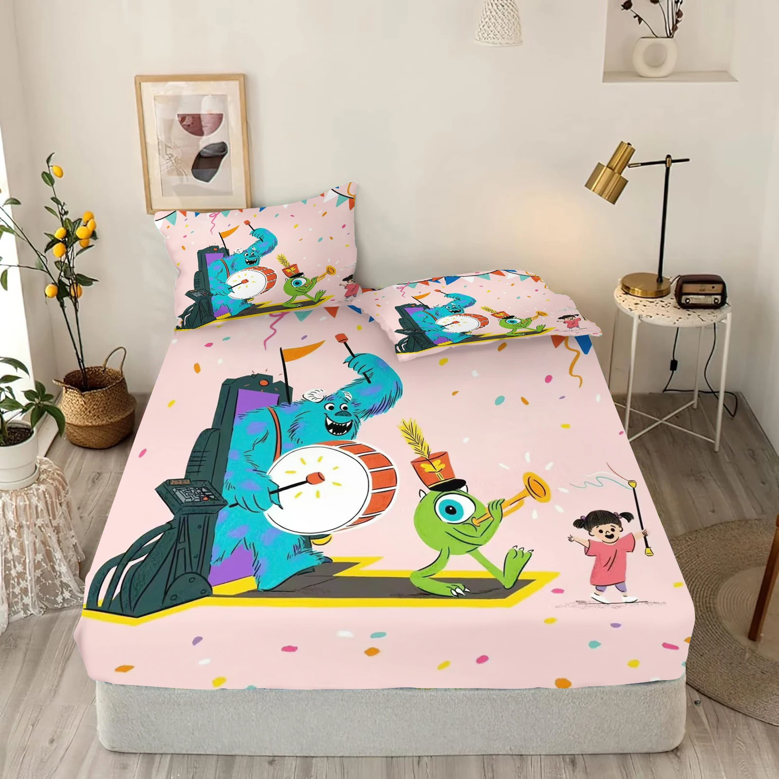 

Monsters, Inc. Fitted Sheet Children Cute Polyester Coverage Sheets Cartoon Cover Elastic Digital Printing Teenager Bedding