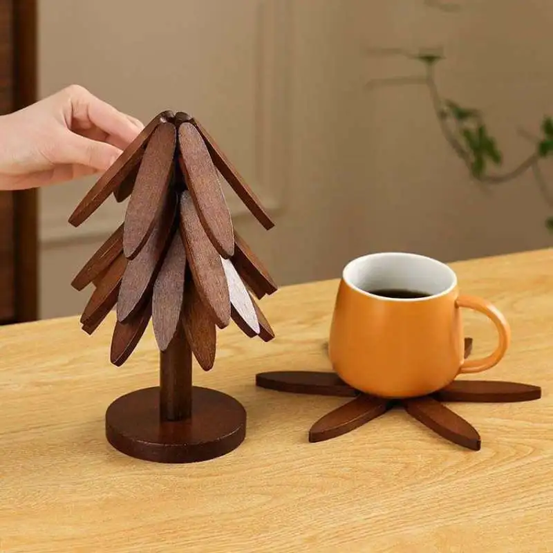 Isolierende Untersetzer aus Holz, 3/5-teiliges Set, Baum-Design mit klappbaren Tischsets, Anti-Verbrühungen, hitzebeständige Tischdekoration, Matten, Topflappen