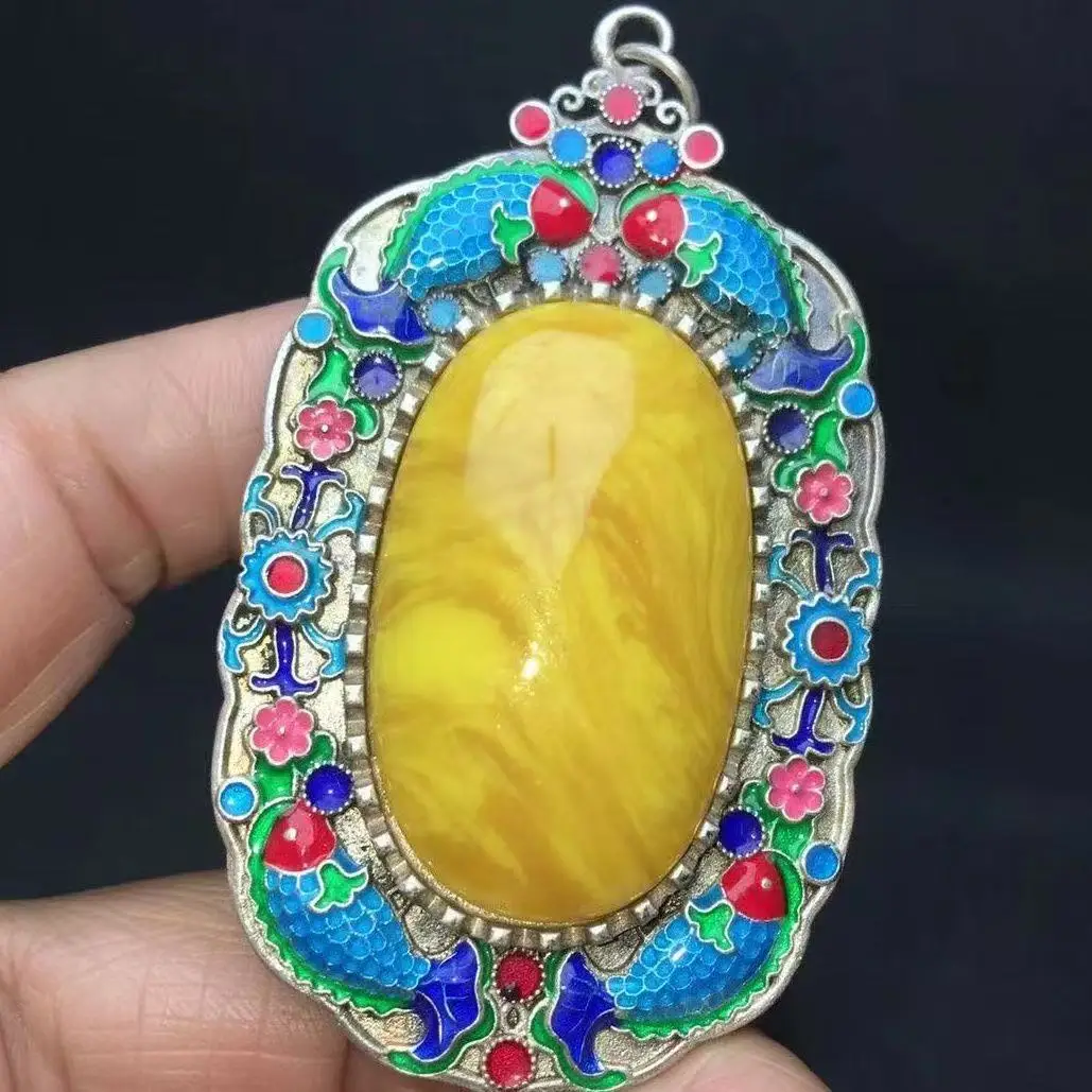 Antique Collectible Tibetan Silver Pendant Handmade Vintage Silk Roasted Blue Necklace