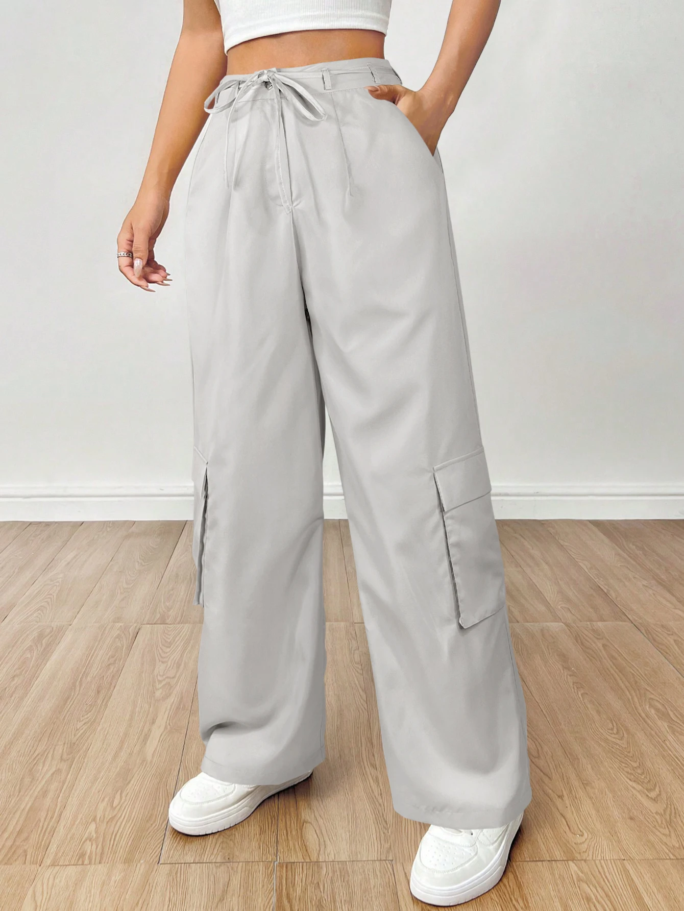 Casual Pleated Drawstring Waist Drape Overalls Women's High Waist Flap Pockets Slant Pockets Trousers Suitable For Daily Wear