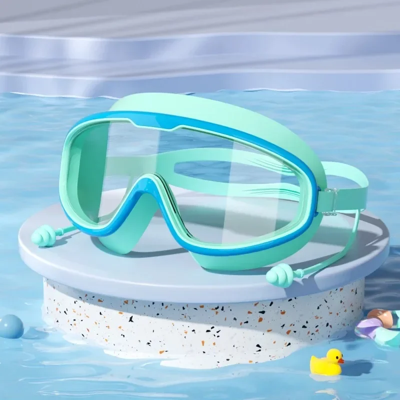 Wasserdichte und beschlagfreie Schwimmbrille für Kinder mit großem Rahmen, praktische Schwimmbrille mit Silikon-ohrstöpseln. – Detail 4